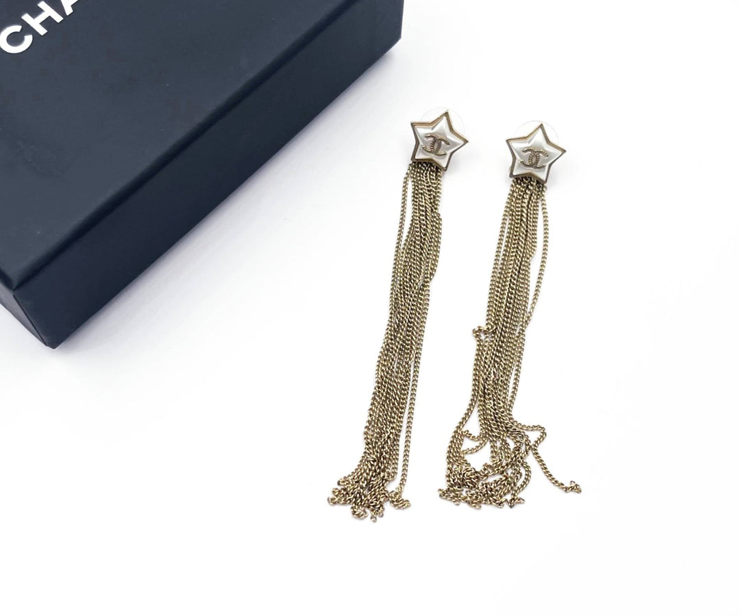 Top Quality Chanel Gold CC White Shooting Star Gold Chain Tassel Long Dangle Piercing Earrings