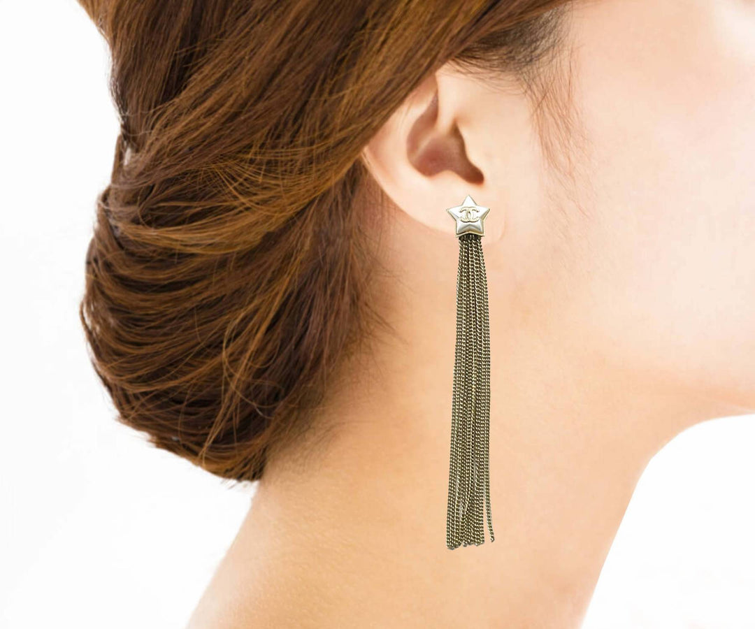 Top Quality Chanel Gold CC White Shooting Star Gold Chain Tassel Long Dangle Piercing Earrings