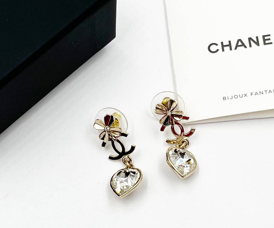 Chanel Brand New Gold CC Clover CC Heart Crystal Dangle Piercing Earrings