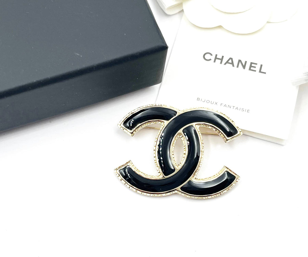 Chanel Brand New Classic Gold CC Frame Black Brooch