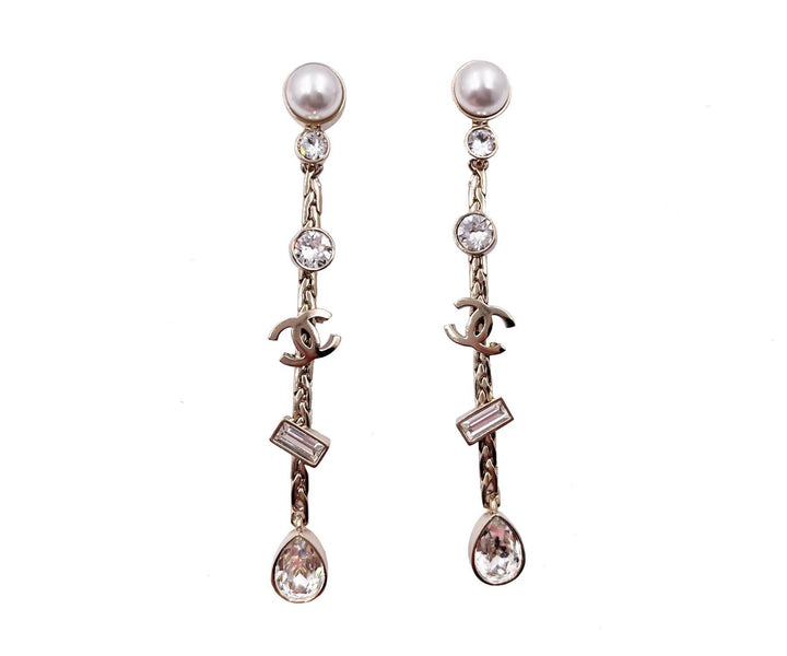 Chanel Brand New Pearl Gold CC Rectangle Round Drop Dangle Long Piercing Earrings