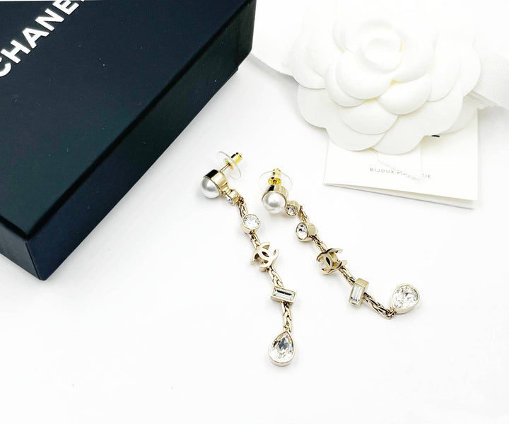 Chanel Brand New Pearl Gold CC Rectangle Round Drop Dangle Long Piercing Earrings