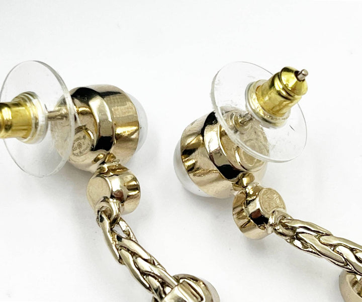Chanel Brand New Pearl Gold CC Rectangle Round Drop Dangle Long Piercing Earrings