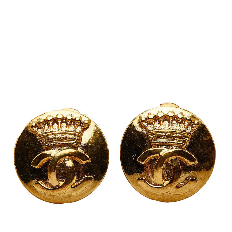 Top Quality Chanel Vintage Coco Mark Round Crown Earrings Gold Plated Women's
