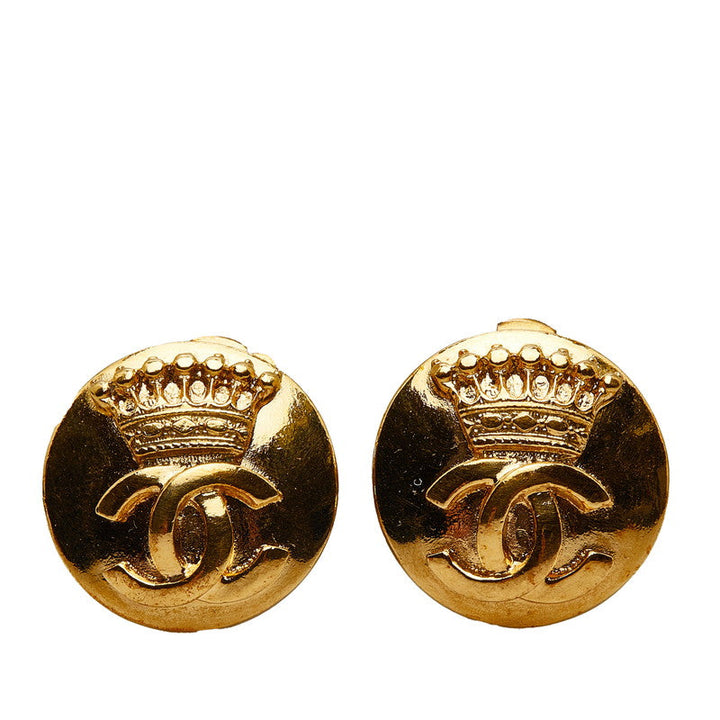 Top Quality Chanel Vintage Coco Mark Round Crown Earrings Gold Plated Women's