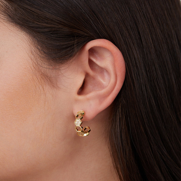 Gold & Crystal Honeycomb Hoop Earrings