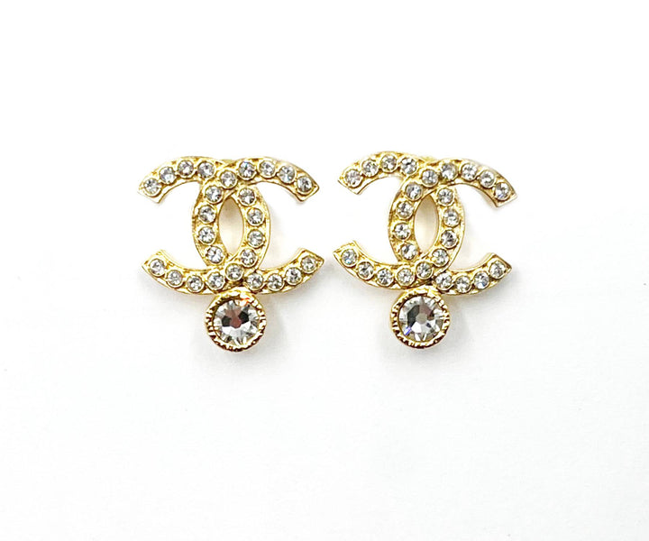 Chanel Brand New Gold CC Crystal Bottom Crystal Piercing Earrings