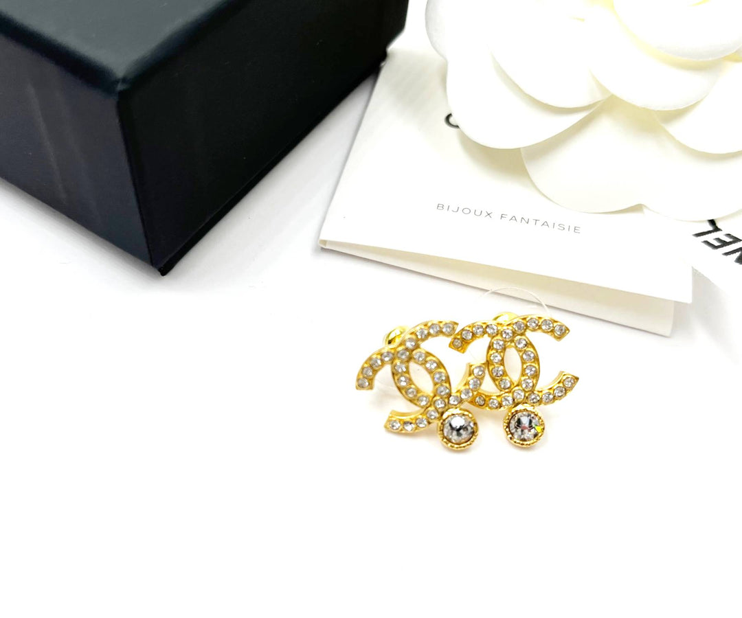 Chanel Brand New Gold CC Crystal Bottom Crystal Piercing Earrings