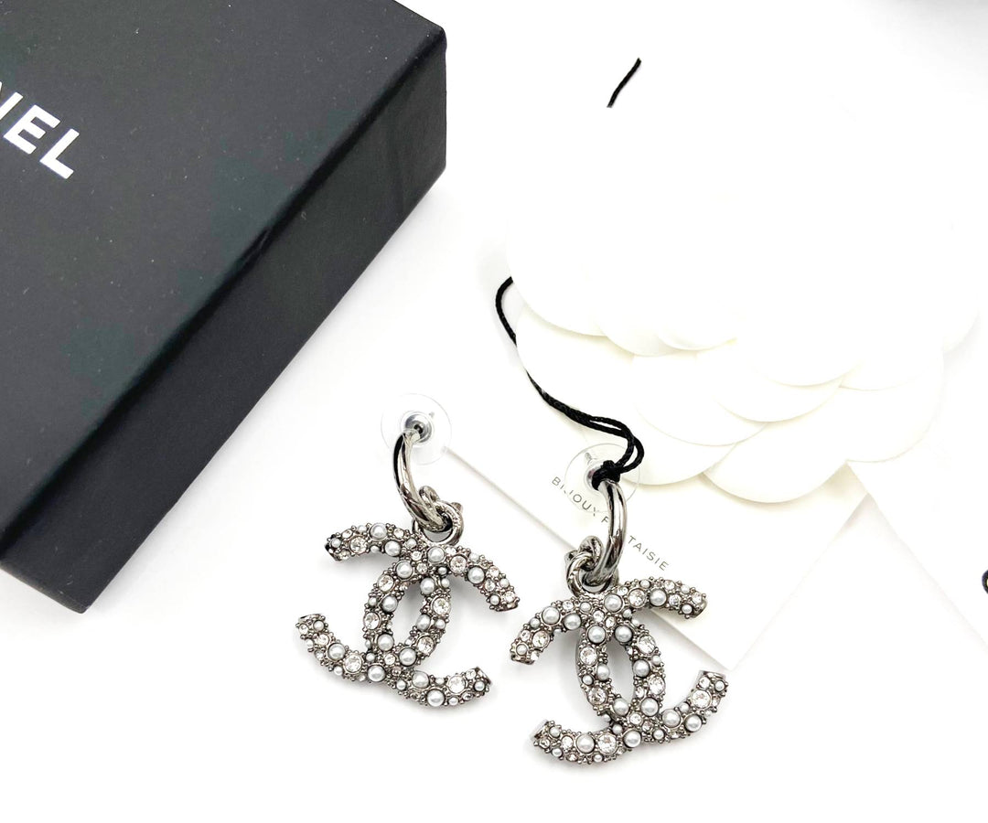 Chanel Brand New Grey CC Crystal Pearl XL Piercing Earrings