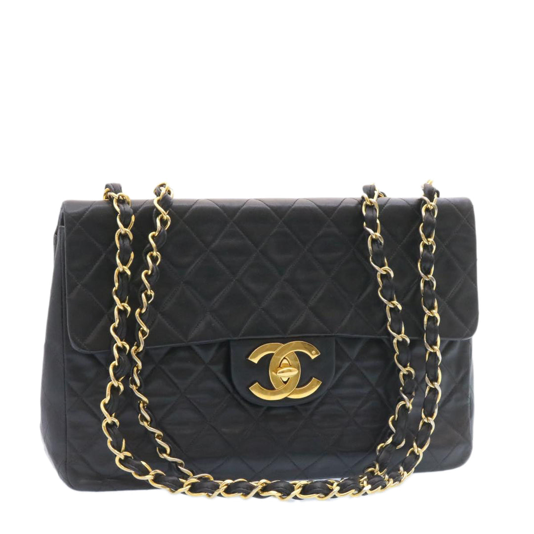 Chanel Big Matelasse New Chain Shoulder Bag Lamb Skin Black Gold Auth am1276gA
