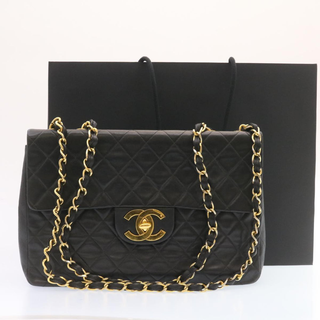 Chanel Big Matelasse New Chain Shoulder Bag Lamb Skin Black Gold Auth am1276gA