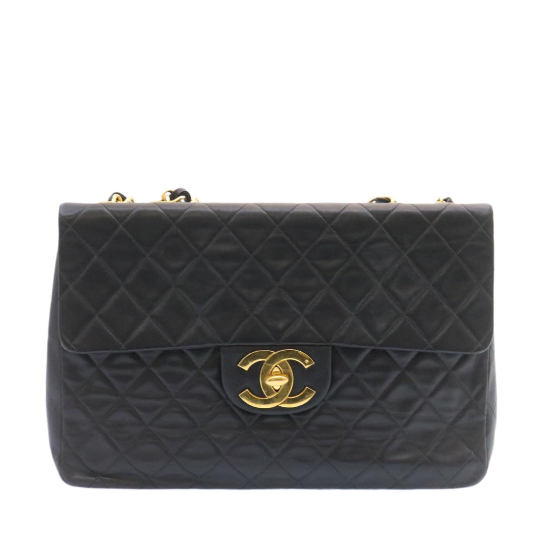 Chanel Big Matelasse New Chain Shoulder Bag Lamb Skin Black Gold Auth am1276gA