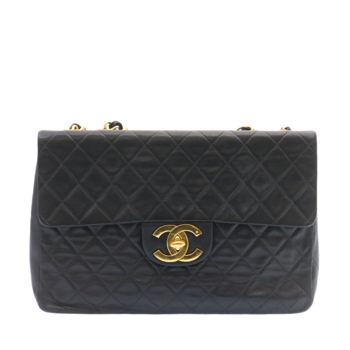 Chanel Big Matelasse New Chain Shoulder Bag Lamb Skin Black Gold Auth am1276gA