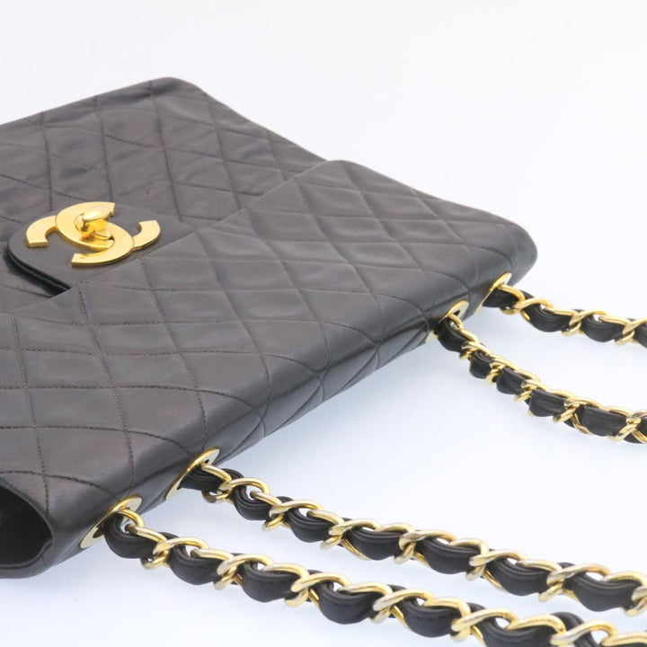 Chanel Big Matelasse New Chain Shoulder Bag Lamb Skin Black Gold Auth am1276gA