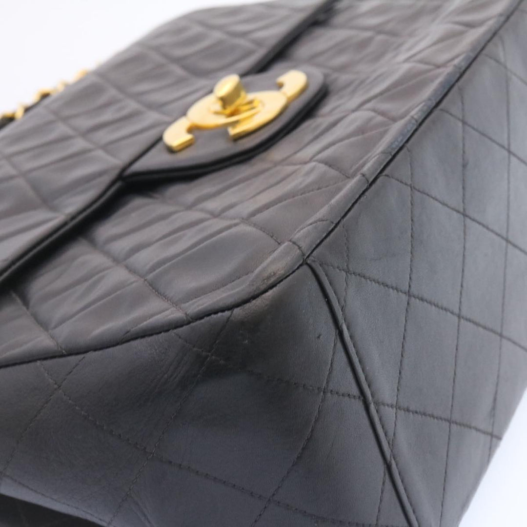 Chanel Big Matelasse New Chain Shoulder Bag Lamb Skin Black Gold Auth am1276gA