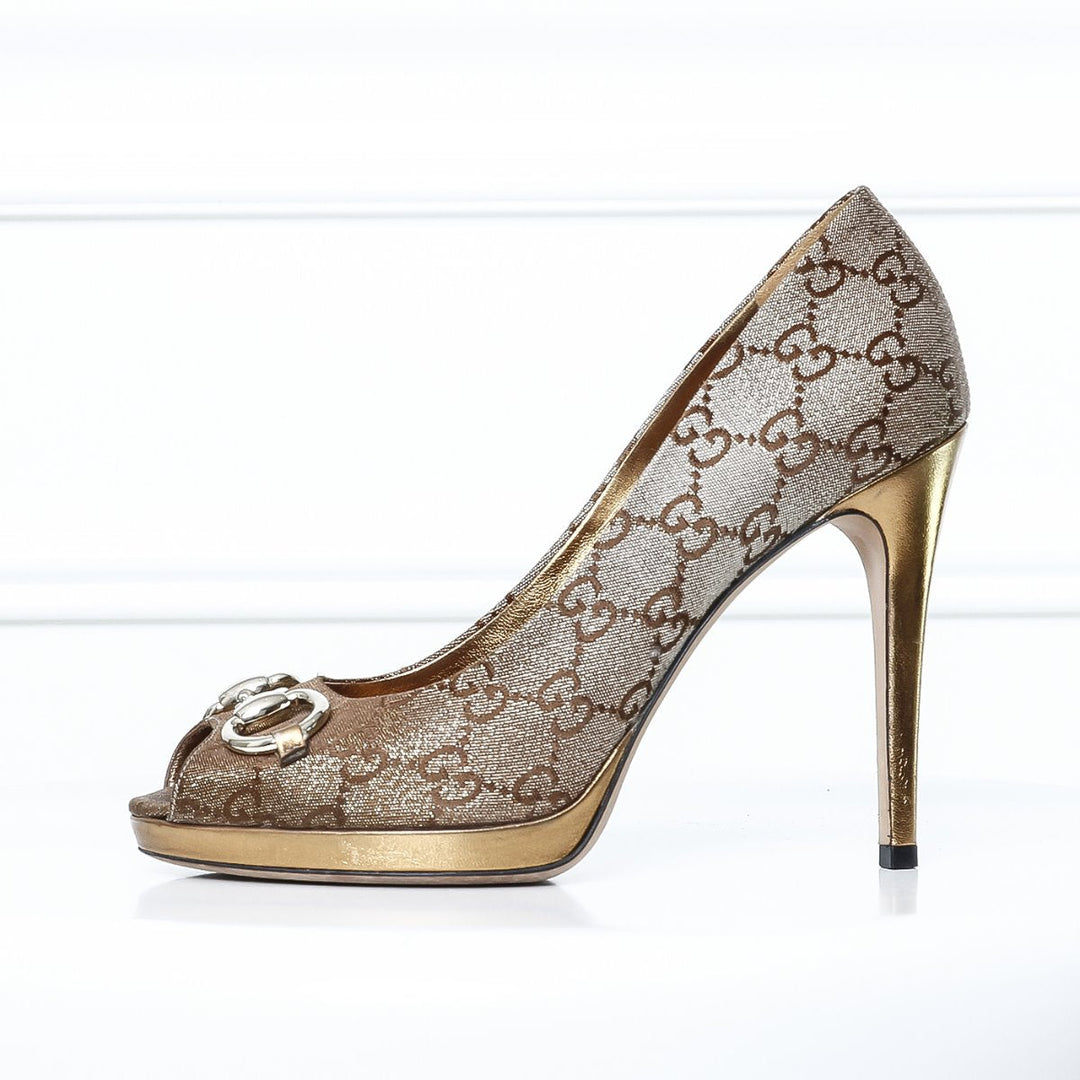 Gucci Metallic Brownish Gold Horse bit Peep toe 36 1-2