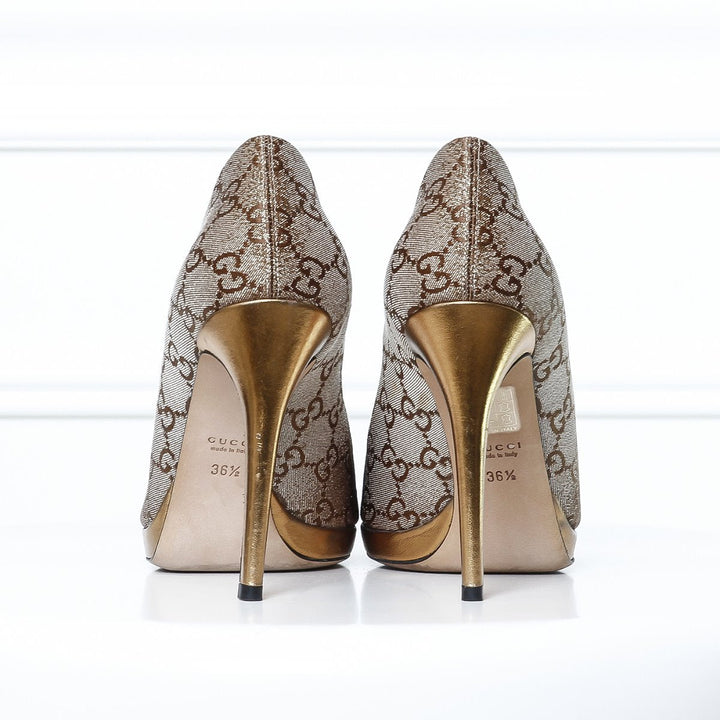Gucci Metallic Brownish Gold Horse bit Peep toe 36 1-2