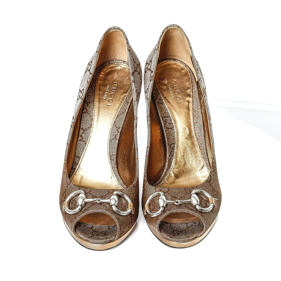 Gucci Metallic Brownish Gold Horse bit Peep toe 36 1-2