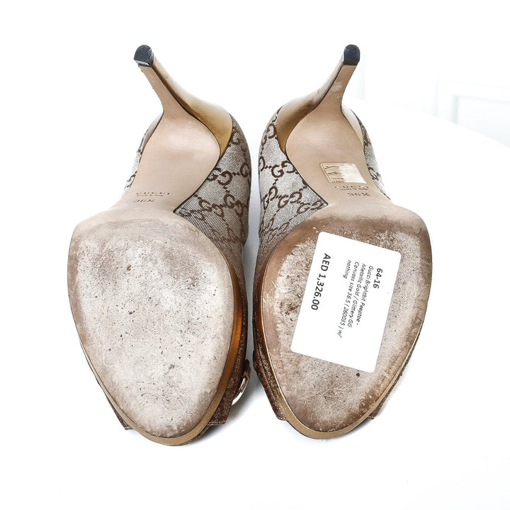 Gucci Metallic Brownish Gold Horse bit Peep toe 36 1-2