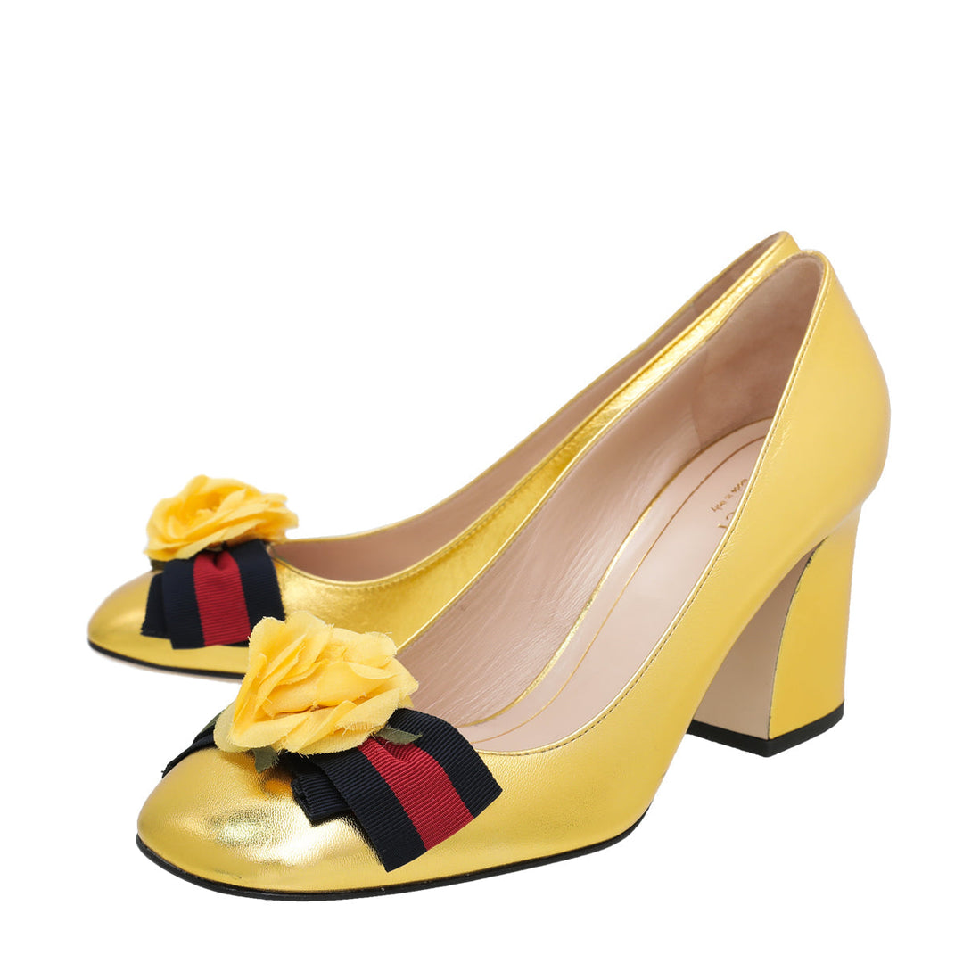 Gucci Metallic Gold Web Bow Rose Pump 38