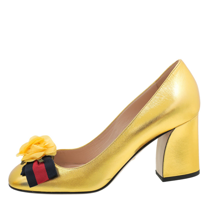 Gucci Metallic Gold Web Bow Rose Pump 38