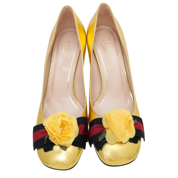 Gucci Metallic Gold Web Bow Rose Pump 38