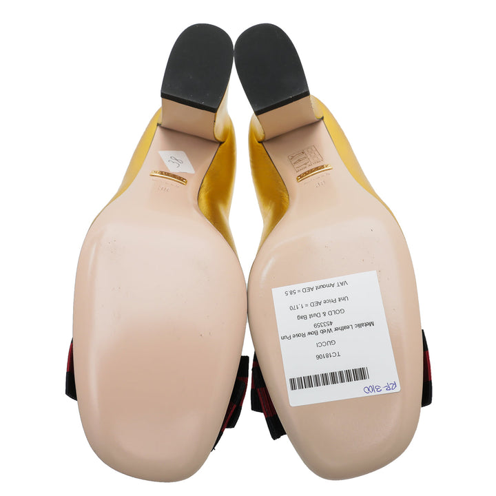 Gucci Metallic Gold Web Bow Rose Pump 38