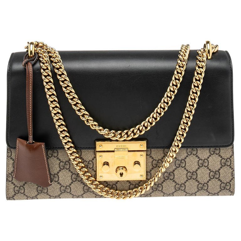 Gucci Tri Color GG Supreme Canvas and Leather Medium Padlock Shoulder Bag NEW Brown Black