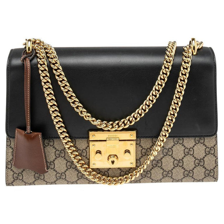 Gucci Tri Color GG Supreme Canvas and Leather Medium Padlock Shoulder Bag NEW Brown Black