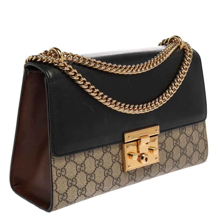 Gucci Tri Color GG Supreme Canvas and Leather Medium Padlock Shoulder Bag NEW Brown Black