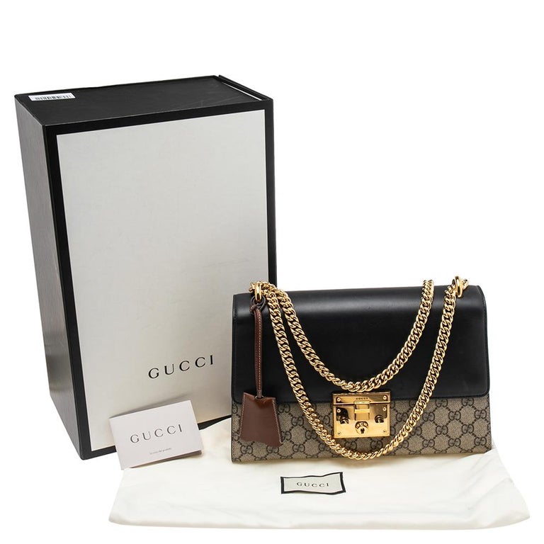 Gucci Tri Color GG Supreme Canvas and Leather Medium Padlock Shoulder Bag NEW Brown Black