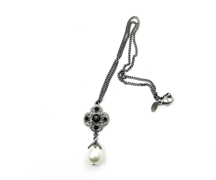 Top Quality Chanel Gunmetal CC Black Bead Filigree Pearl Dangle Necklace