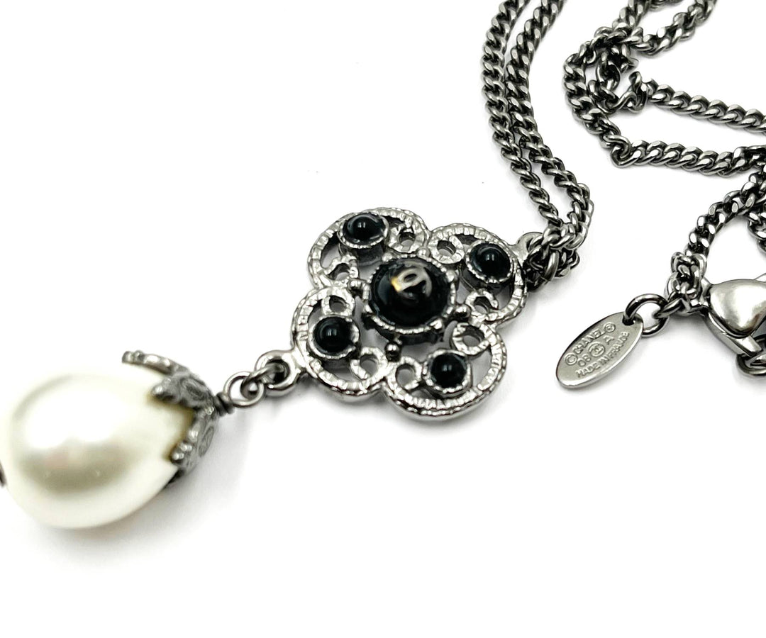 Top Quality Chanel Gunmetal CC Black Bead Filigree Pearl Dangle Necklace