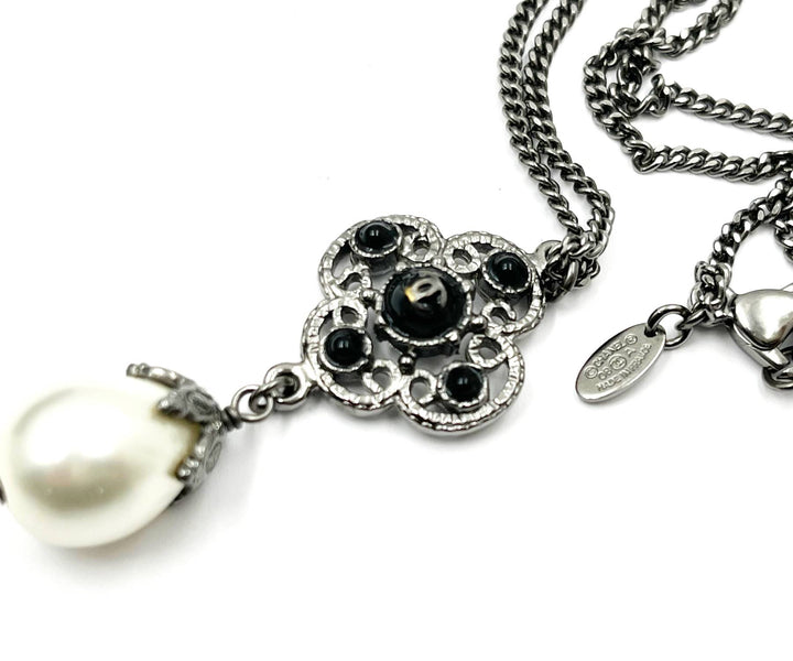 Top Quality Chanel Gunmetal CC Black Bead Filigree Pearl Dangle Necklace