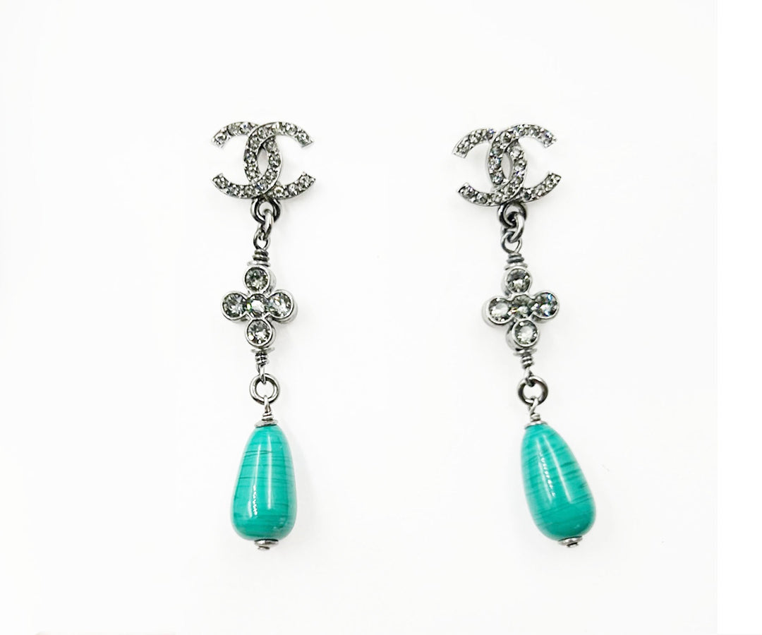 Chanel Brand New Gunmetal CC Crystal Green Stone Long Piercing Earrings
