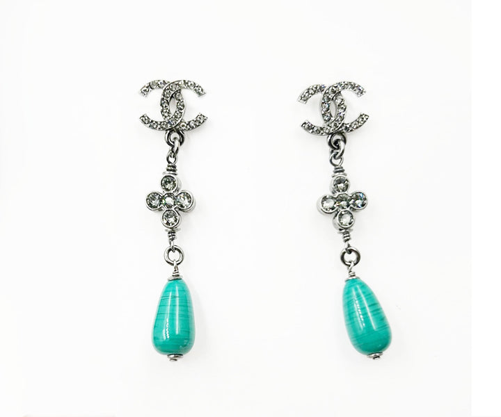 Chanel Brand New Gunmetal CC Crystal Green Stone Long Piercing Earrings