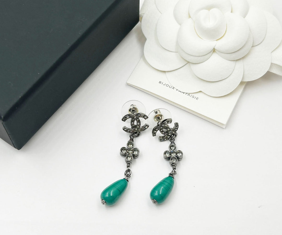 Chanel Brand New Gunmetal CC Crystal Green Stone Long Piercing Earrings