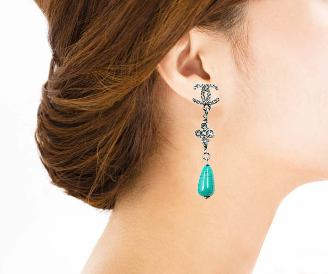 Chanel Brand New Gunmetal CC Crystal Green Stone Long Piercing Earrings