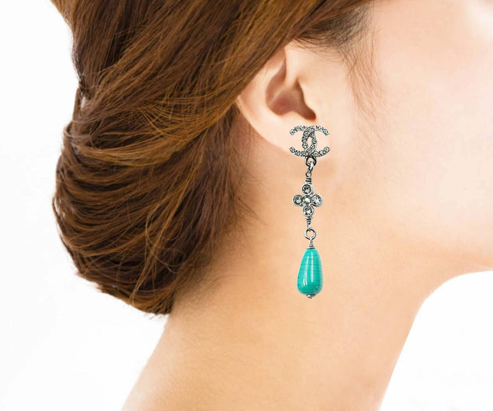 Chanel Brand New Gunmetal CC Crystal Green Stone Long Piercing Earrings