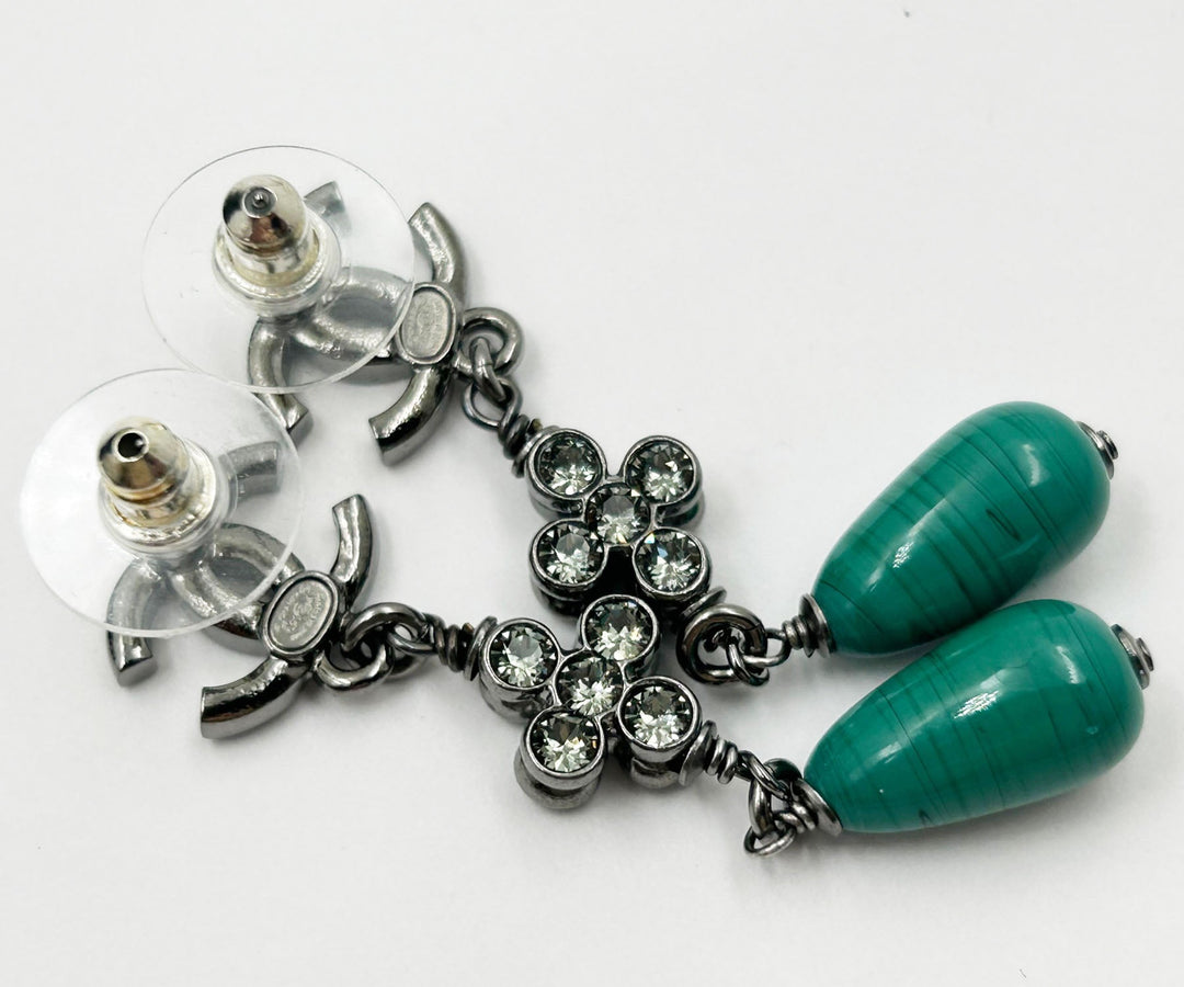 Chanel Brand New Gunmetal CC Crystal Green Stone Long Piercing Earrings