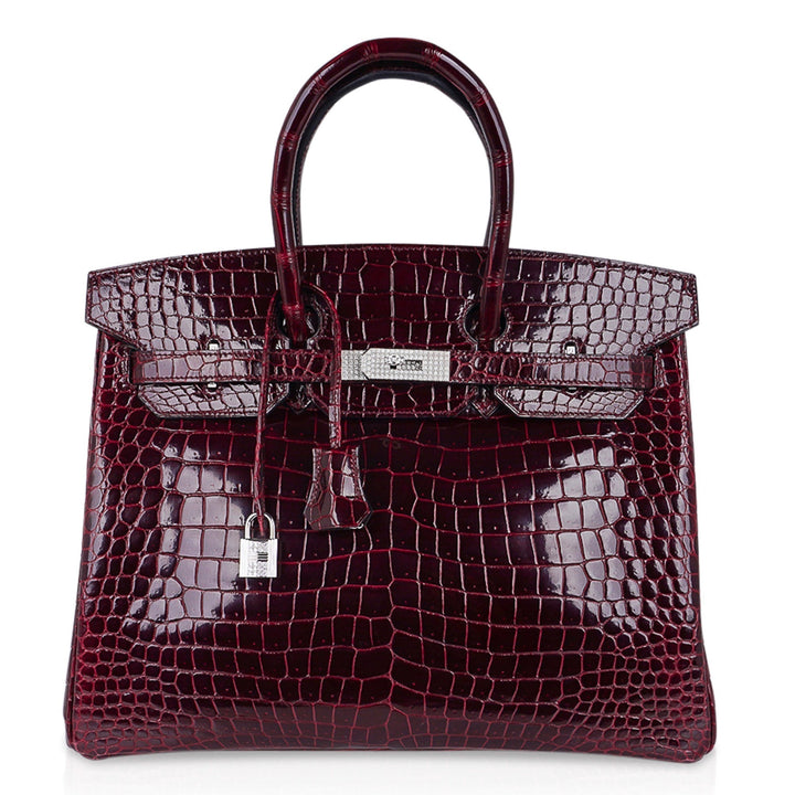 Top quality Hermes Birkin 35 Bag Diamond Bordeaux Porosus Crocodile with White Gold Hardware