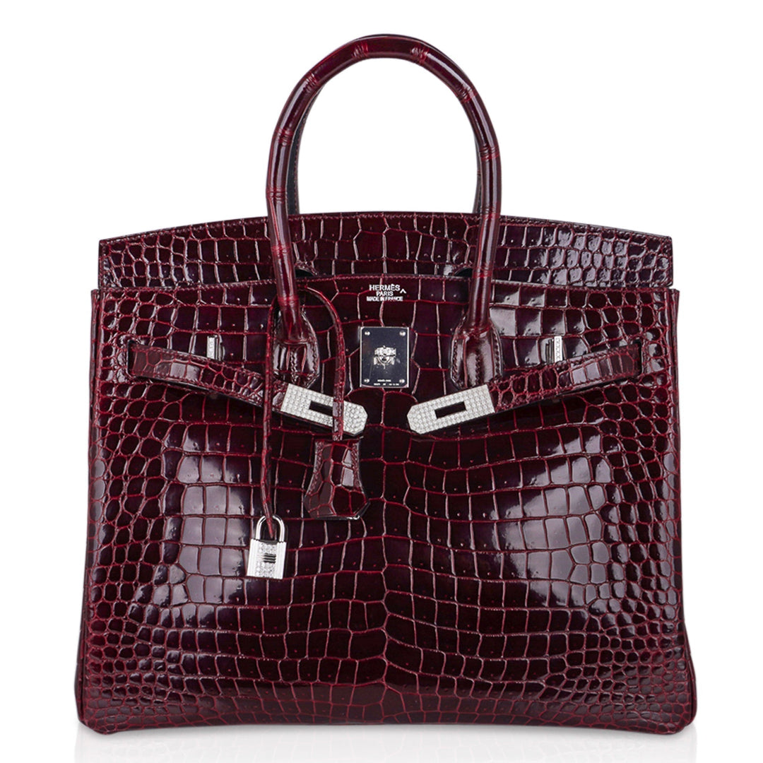 Top quality Hermes Birkin 35 Bag Diamond Bordeaux Porosus Crocodile with White Gold Hardware