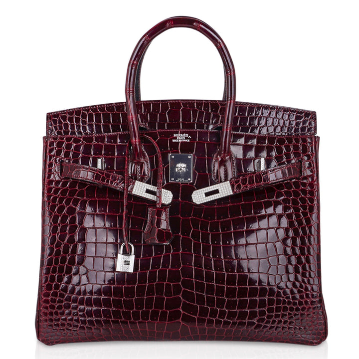 Top quality Hermes Birkin 35 Bag Diamond Bordeaux Porosus Crocodile with White Gold Hardware