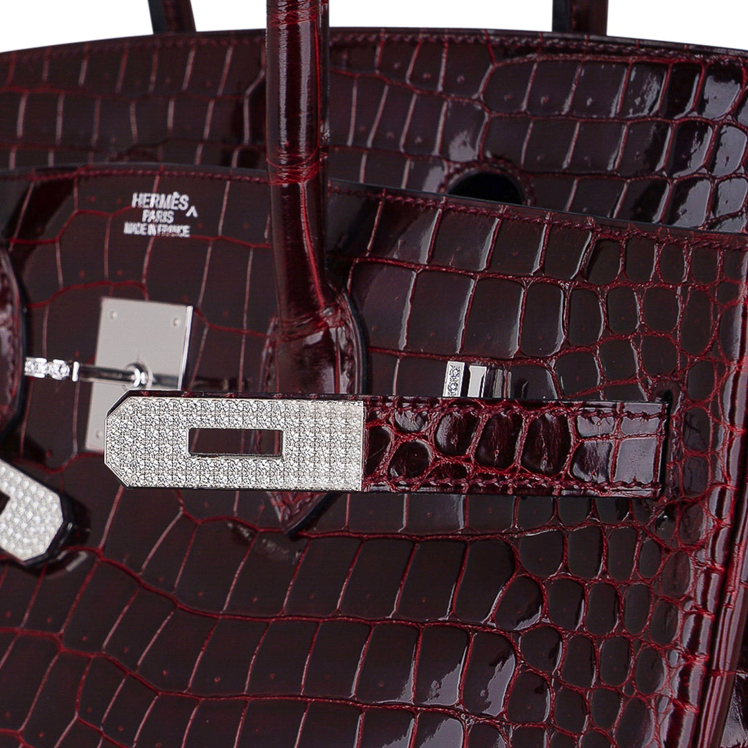 Top quality Hermes Birkin 35 Bag Diamond Bordeaux Porosus Crocodile with White Gold Hardware