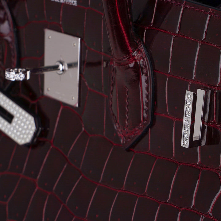 Top quality Hermes Birkin 35 Bag Diamond Bordeaux Porosus Crocodile with White Gold Hardware