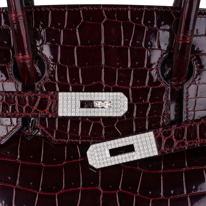 Top quality Hermes Birkin 35 Bag Diamond Bordeaux Porosus Crocodile with White Gold Hardware