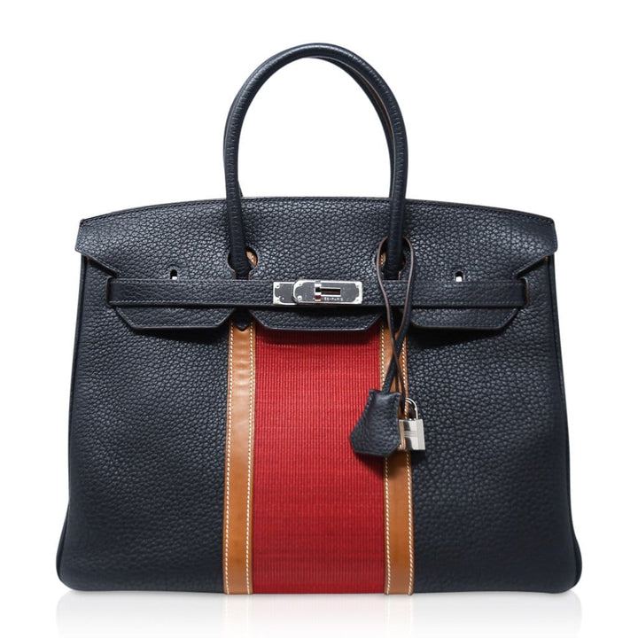 Top quality Hermes Club Birkin 35 Bag Blue Indigo / Fauve Barenia / Crinoline Fjord Palladium
