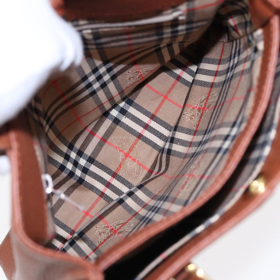 Burberry Hand Bag Leather Brown Gold Auth hk1566