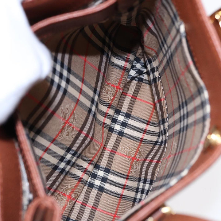 Burberry Hand Bag Leather Brown Gold Auth hk1566