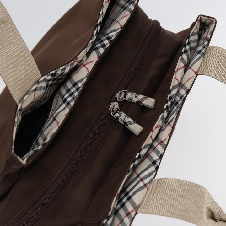 Burberry Nova Check Hand Bag Nylon Brown Beige Silver Auth hk1567